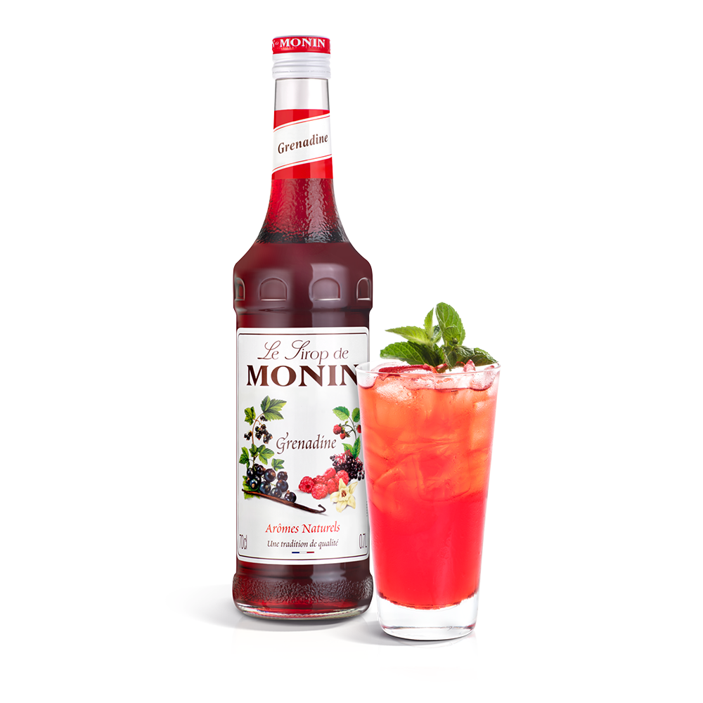 Monin Grenadine Syrup bottle and drink