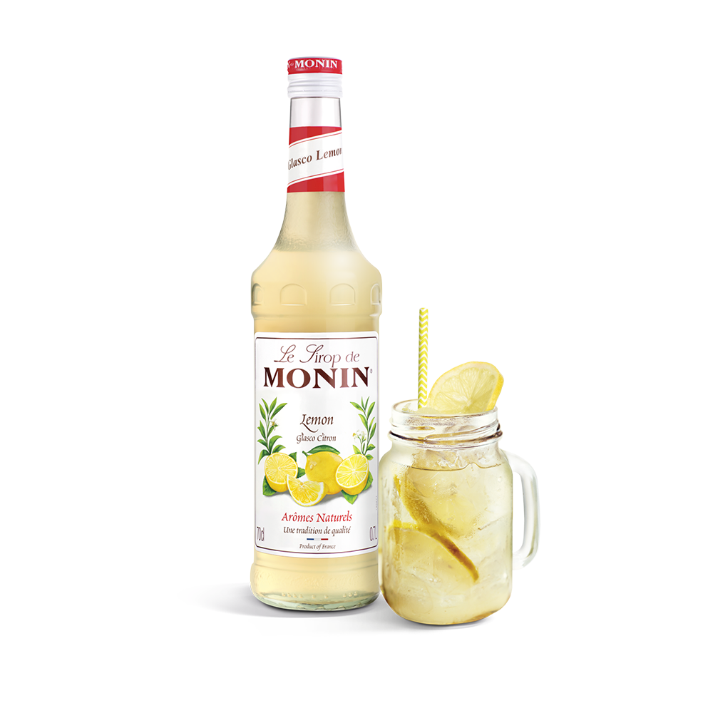 Monin Lemon (Glasco) Syrup bottle and drink