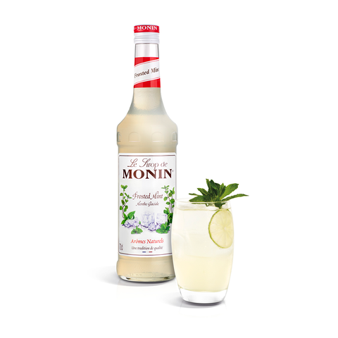 Monin Mint (Frosted) Syrup bottle and a long drink