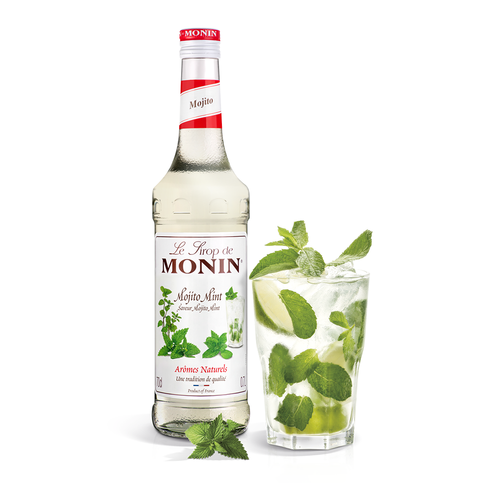 Monin Mint (Mojito) Syrup bottle and a mojito