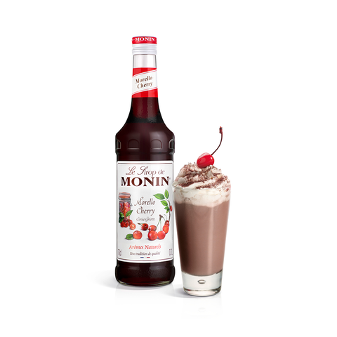 Monin Morello Cherry Syrup bottle and a hot drink