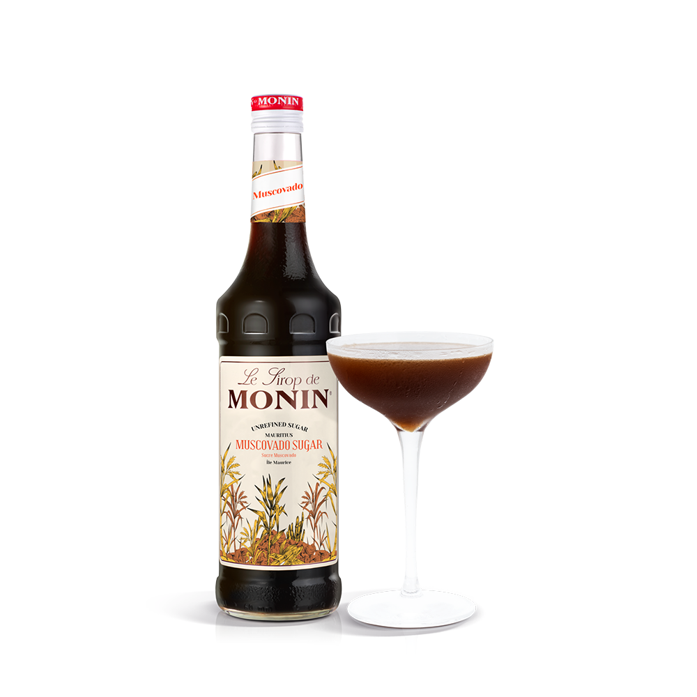Monin Muscovado Sugar Syrup bottle and cocktail