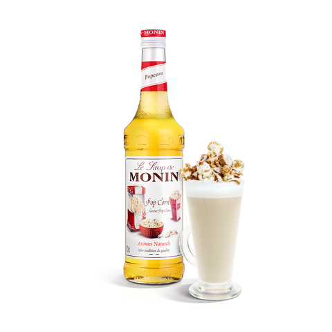 Monin Popcorn Syrup bottle and drink