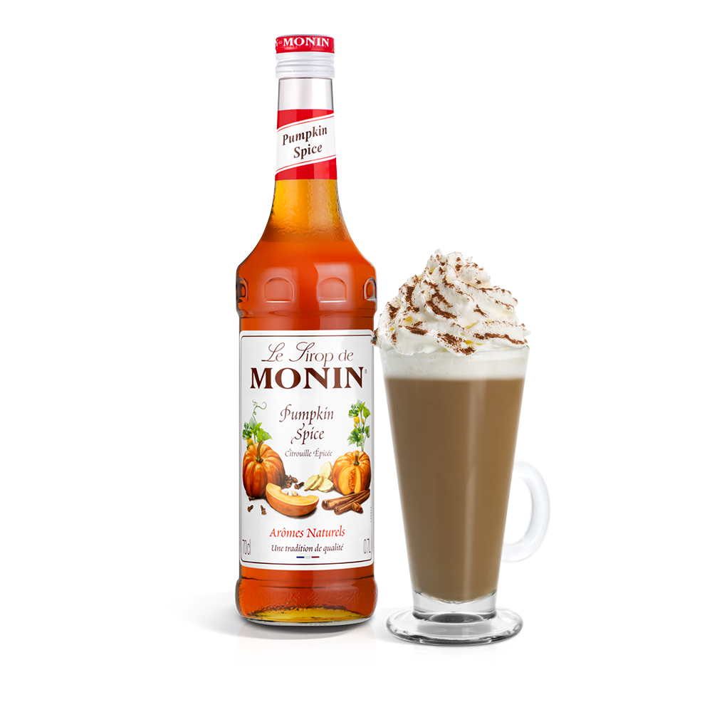 Monin Pumpkin Spice syrup bottle and a coffee