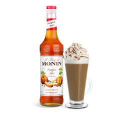 Monin Pumpkin Spice syrup bottle and a coffee