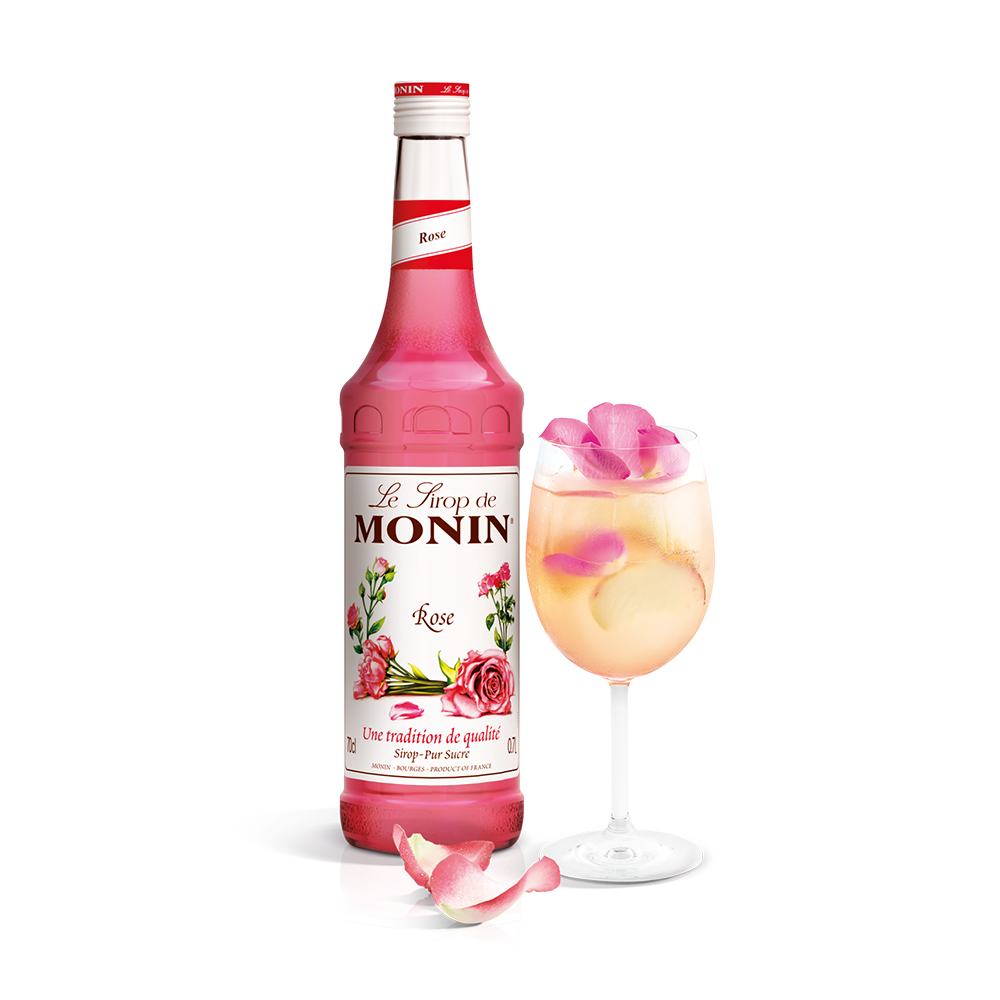 Monin Rose Syrup bottle and a cocktail 