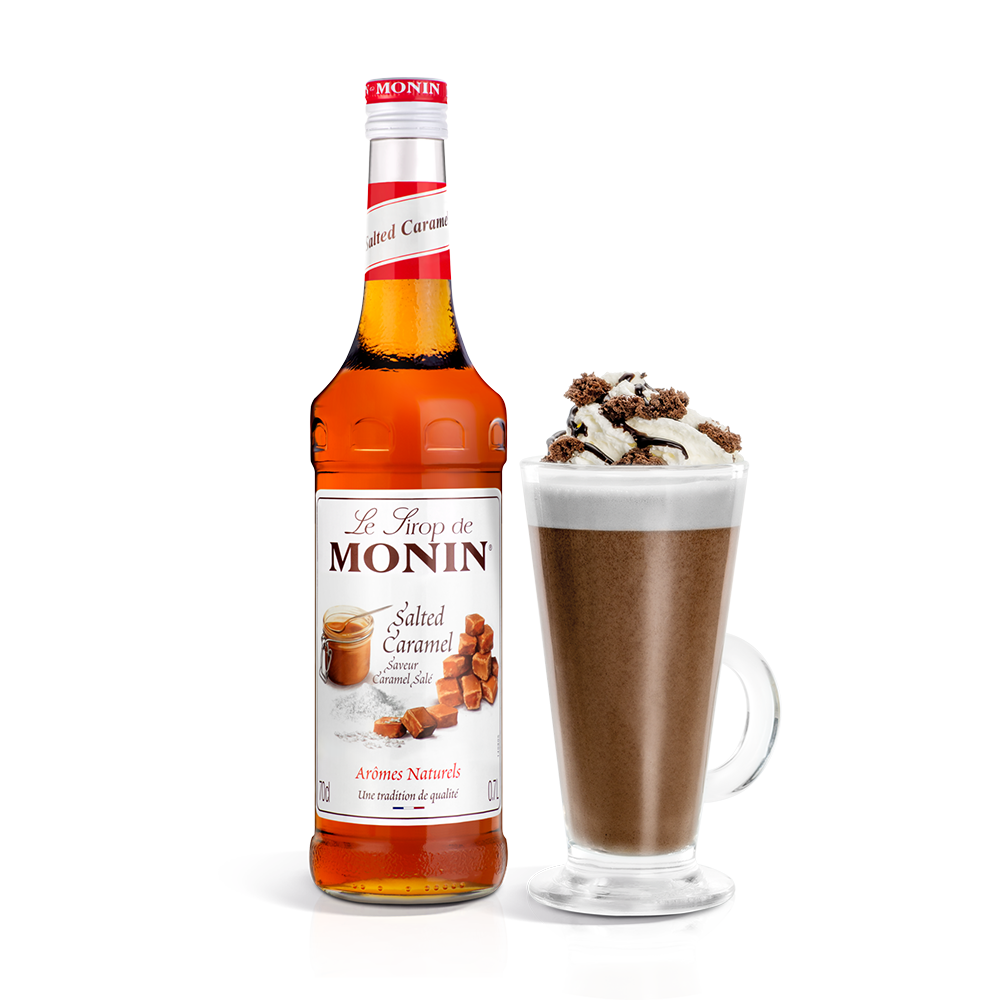 Monin Salted Caramel Syrup bottle and hot drink