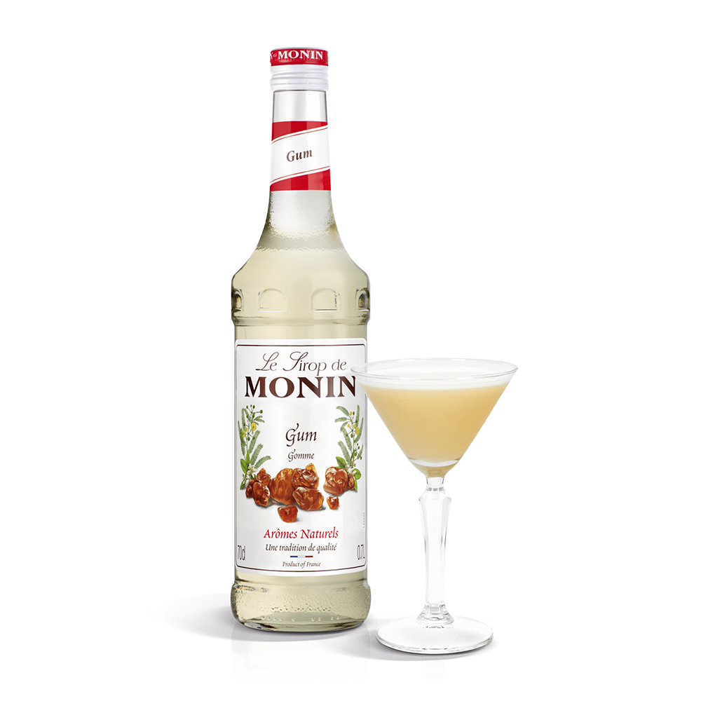 monin gomme syrup bottle with a cocktail glass 