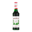 A 700ml glass bottle of Monin Mint (Green) Syrup with a label showing the brand name, product name, and an image of mint leaves.