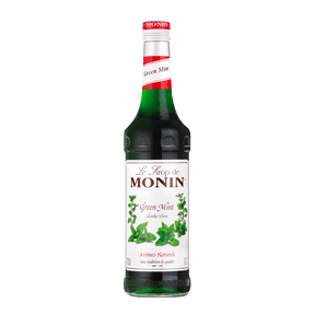 A 700ml glass bottle of Monin Mint (Green) Syrup with a label showing the brand name, product name, and an image of mint leaves.