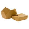 Two brown cardboard deli food boxes with lids, made of Kraft board.