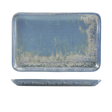 Rectangular ceramic platter with blue glaze and floral patterns on a white background