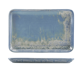 Rectangular ceramic platter with blue glaze and floral patterns on a white background