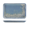 Rectangular ceramic platter with blue glaze and floral patterns on a white background