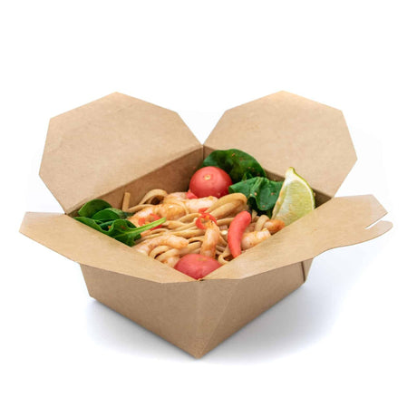 Takeout container with noodles and vegetables on a white background