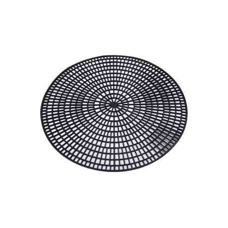 A circular black non-slip plastic mat with a textured pattern designed for use under a 14-inch round tray.