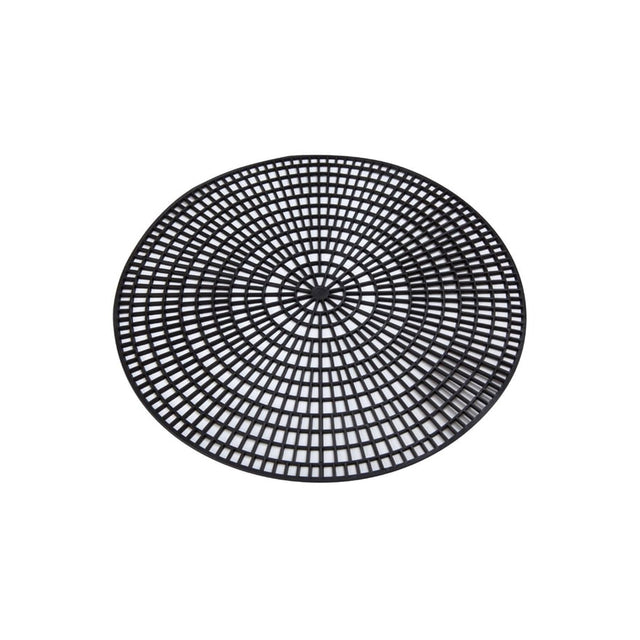 A circular black non-slip plastic mat with a textured pattern designed for use under a 14-inch round tray.