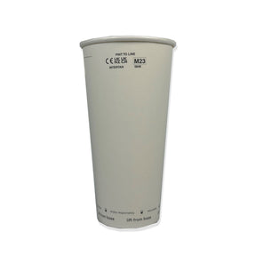 A recyclable paper pint cup with 'PINT TO LINE' and measurements marked on the side in a gray color.