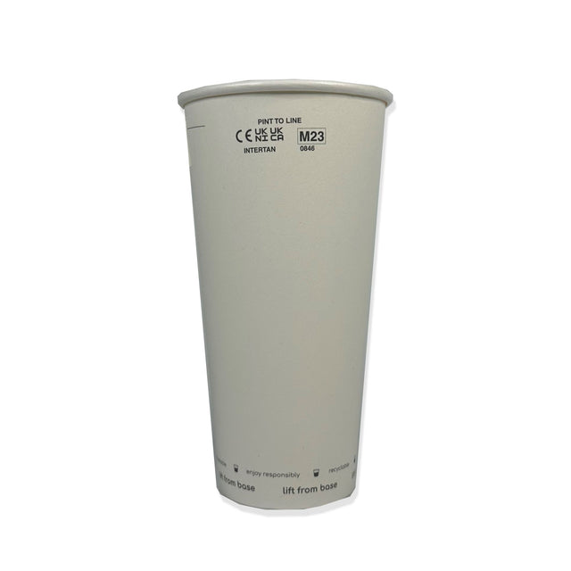 A recyclable paper pint cup with 'PINT TO LINE' and measurements marked on the side.