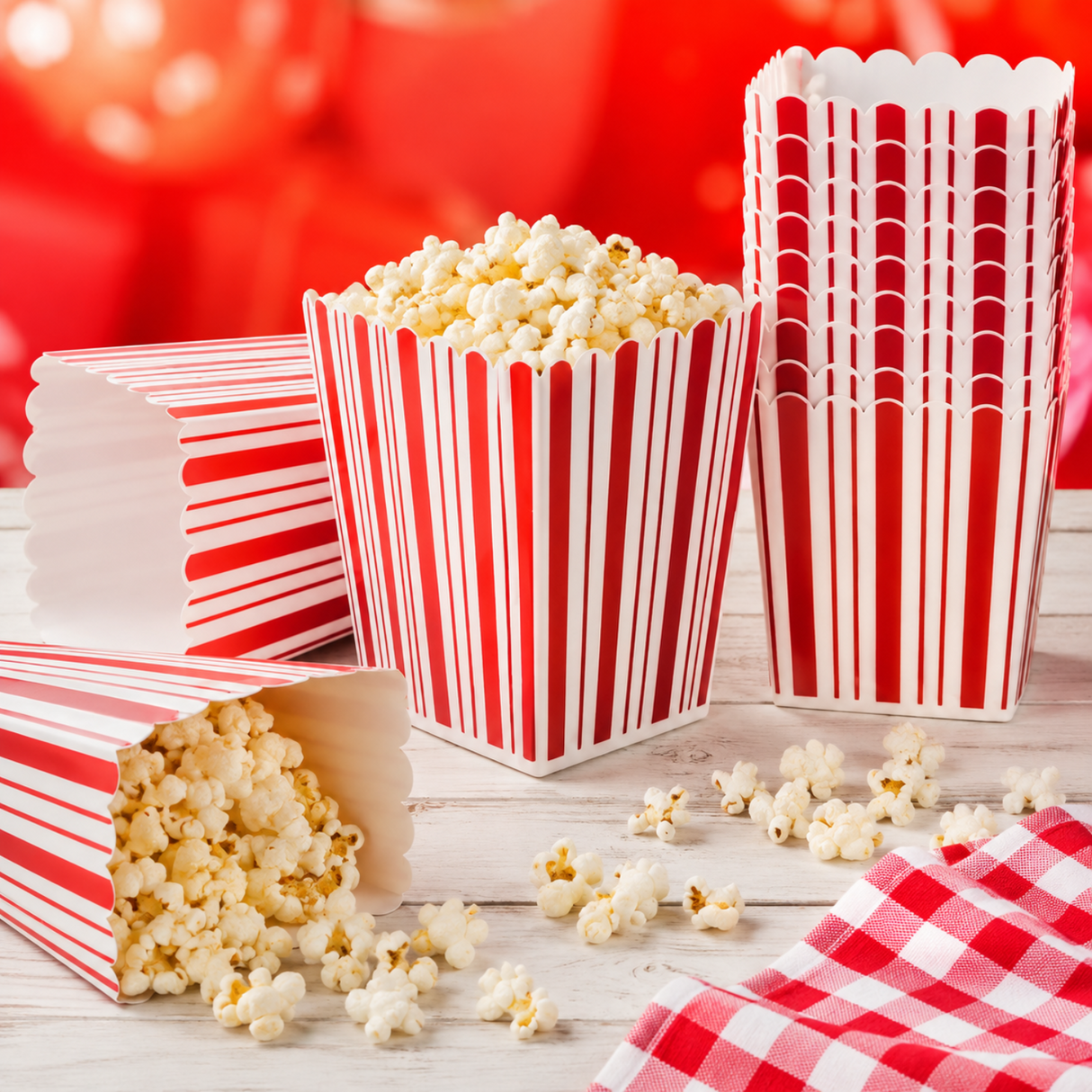 Red and white striped popcorn containers on a light wood surface with popcorn scattered around, including a tall stackable box, a tall narrow box, a short box tipped over with popcorn spilling, and a folded red-and-white checkered napkin. Blurred red background with bokeh lights.