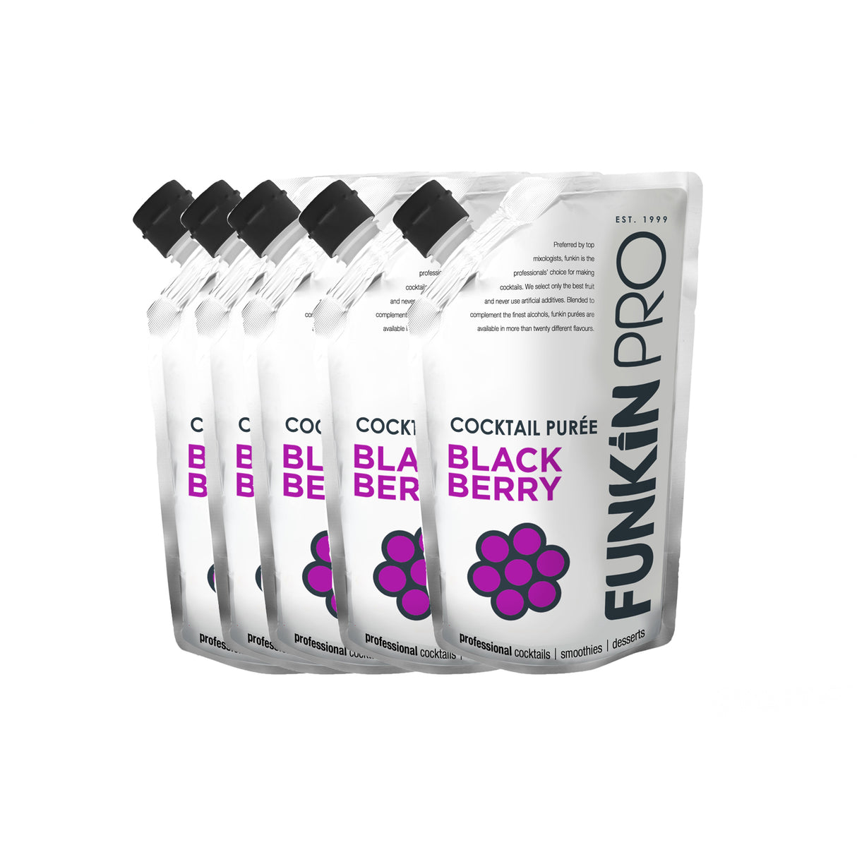 A case of Funkin Blackberry Puree, containing five 1kg pouches with a clear and purple label showcasing the product name and images of blackberries.