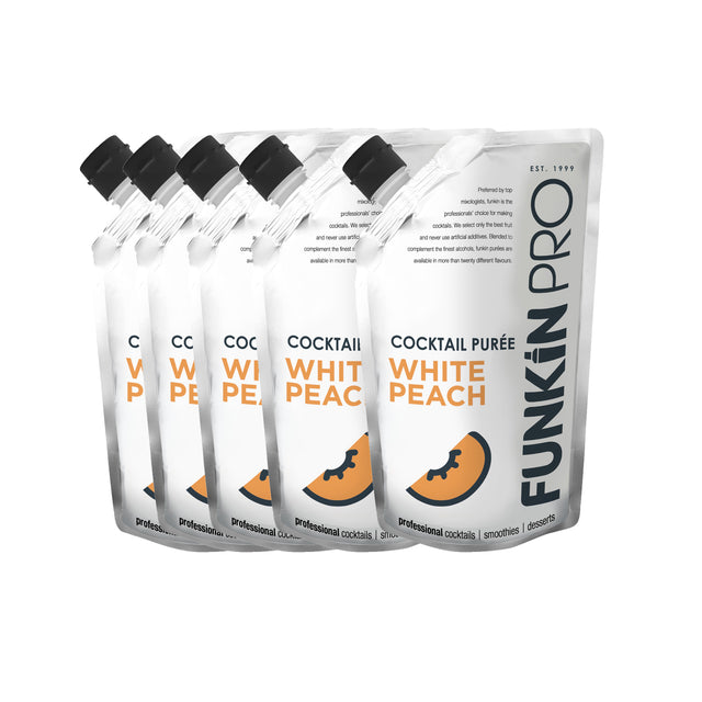 A case of Funkin White Peach Puree, containing five 1kg pouches.