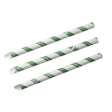 Three paper straws with green and white diagonal stripes, featuring the 'vegware' brand logo printed repeatedly, set against a plain white background.