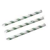 Three paper straws with green and white diagonal stripes, featuring the 'vegware' brand logo printed repeatedly, set against a plain white background.