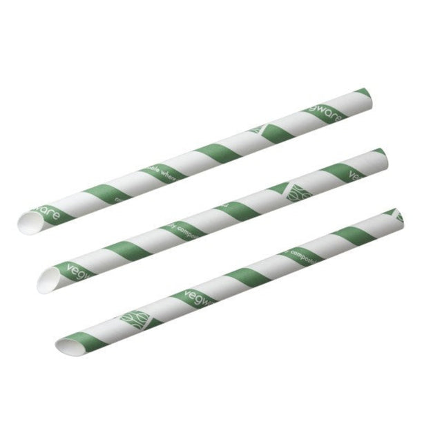 Three paper straws with green and white diagonal stripes, featuring the 'vegware' brand logo printed repeatedly, set against a plain white background.