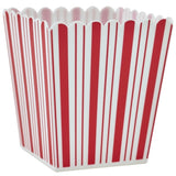 Red and white striped popcorn container on a white background