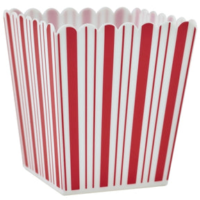 Red and white striped popcorn container on a white background