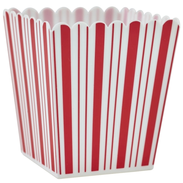 Red and white striped popcorn container on a white background