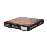 Black pizza box with colorful pizza design on a white background