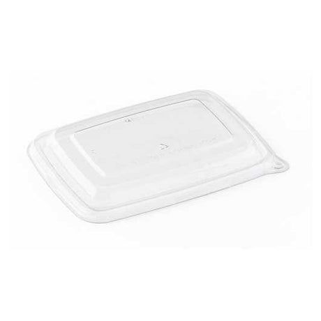 A clear polypropylene lid for a rectangular container.
