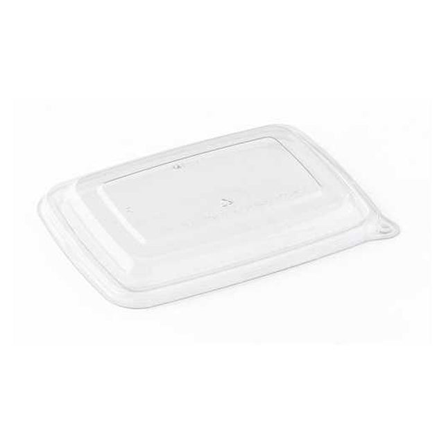 A clear polypropylene lid for a rectangular container.