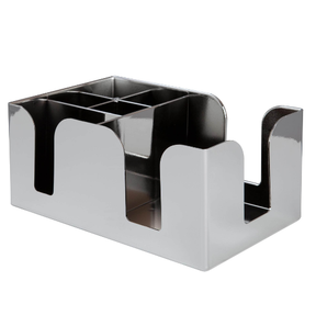 A chrome plated plastic bar caddy with multiple compartments designed for organizing bar essentials.