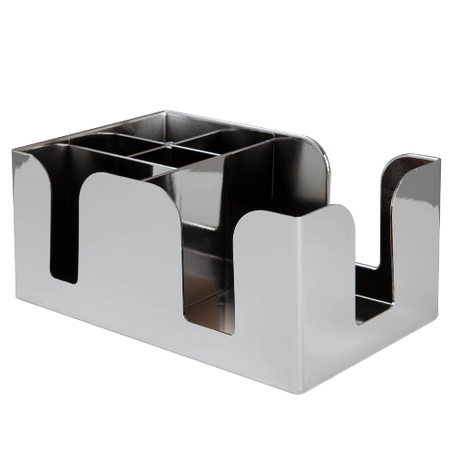 A chrome plated plastic bar caddy with multiple compartments designed for organizing bar essentials.
