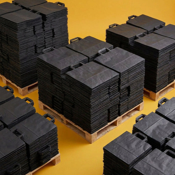 Stacks of black rectangular fabric or paper bags with integrated handles, arranged on wooden pallets against a solid yellow background.