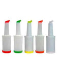 A set of five store and pour bottles with different colored bases and tops, displayed side by side.