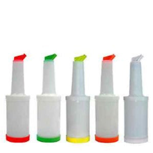 A set of five store and pour bottles with different colored bases and tops, displayed side by side.