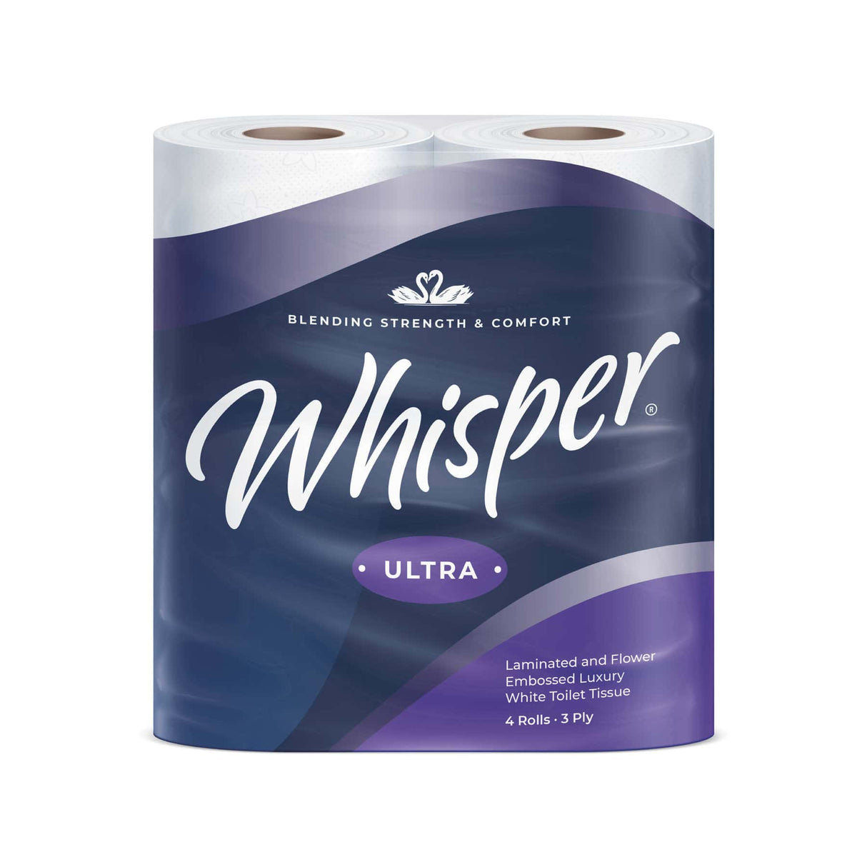 Whisper ultra toilet paper roll on a white background