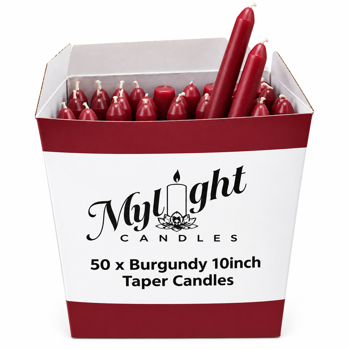 A box of MyLight brand burgundy taper candles, with the front label reading '50 x Burgundy 10inch Taper Candles'. The open cardboard box contains multiple red taper candles, with two standing upright on top.