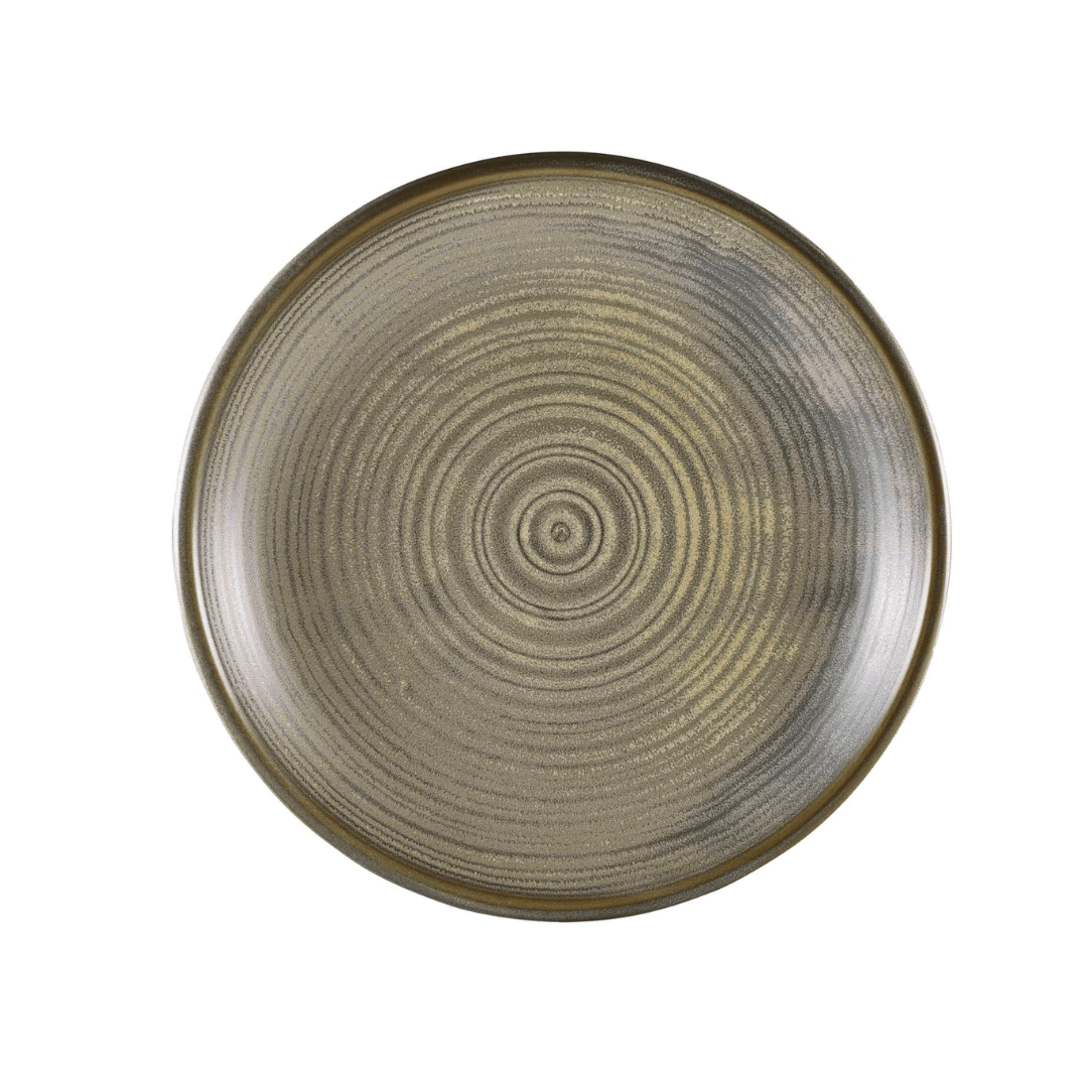 Round ceramic plate with concentric circle pattern on a white background