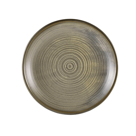 Round ceramic plate with concentric circle pattern on a white background