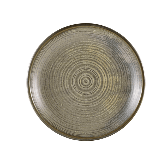 Round ceramic plate with concentric circle pattern on a white background