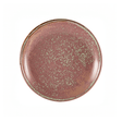 Round ceramic plate with speckled glaze on a white background