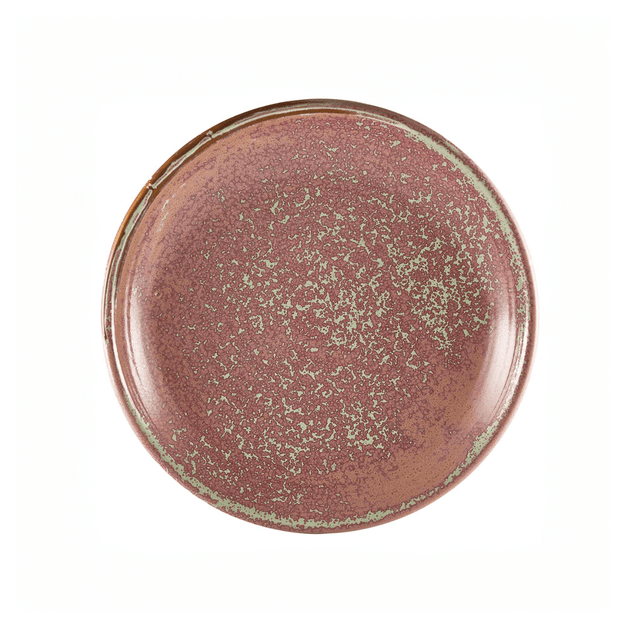 Round ceramic plate with speckled glaze on a white background