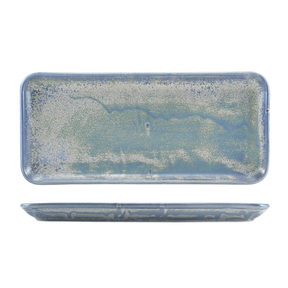 Rectangular ceramic tray with blue and white speckled glaze on a white background