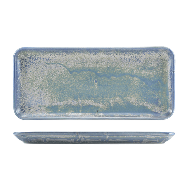 Rectangular ceramic tray with blue and white speckled glaze on a white background