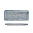 Rectangular ceramic tray with speckled blue and gray design on a white background